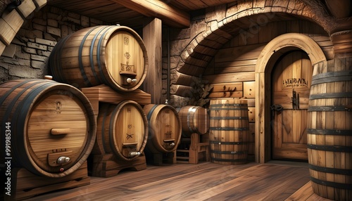 Textured oak barrel patterns of wine and bourbon in a rustic basement setting