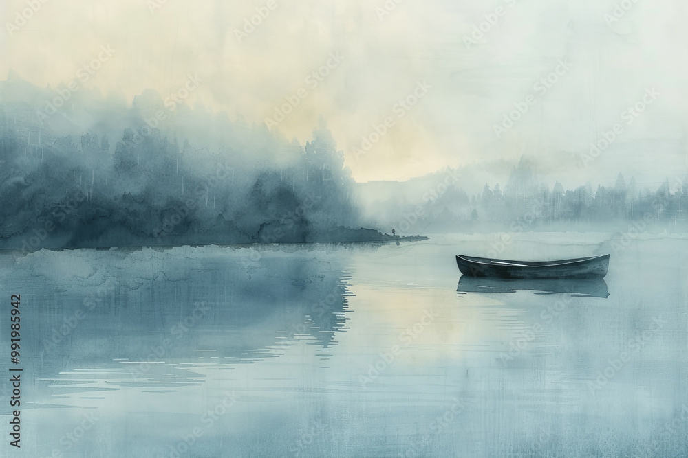 Fototapeta premium A painting of a lake with a boat in the water