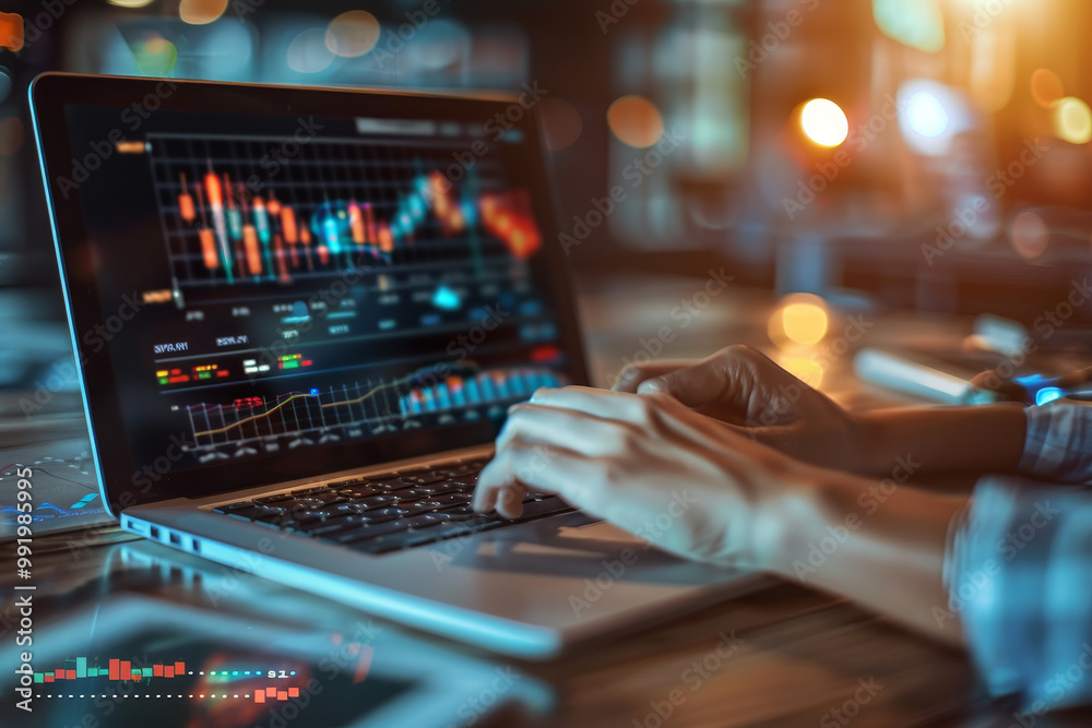 A person is typing on a laptop with a screen displaying financial data A person is typing on a laptop with a screen displaying financial data