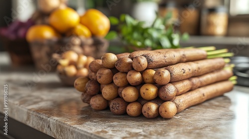 Tamarind pod carefully placed stone countertop fruit texture shape clearly defined focus while modern kitchen setting fade into soft blur blending rustic contemporary style Scientific name Tamarindus photo