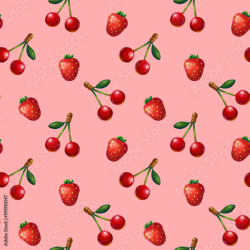 cherries and strawberries. Cute seamless pattern on pink background for textiles and wrapping paper