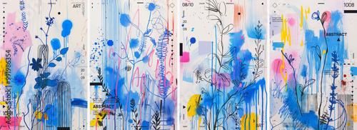 A series of vertical posters with colorful wildflowers and colorful abstract designs. A sense of movement is captured by dynamic lines and splashes of color throughout.