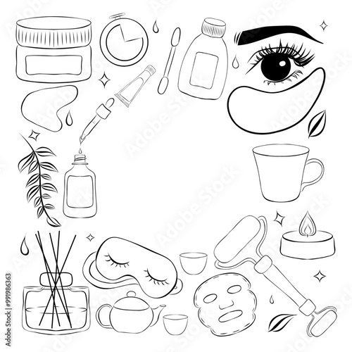 skincare routine tools frame. Vector line frame with hand drawn illustrations of aroma diffuser, serum, sleeping mask, candle, eye patch, mug, cream and other cosmetics.

