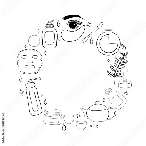 Hand drawn frame with Beauty products. Cosmetic Vector background. Actual fashion illustration. Original doodle style drawing. Creative ink art work
