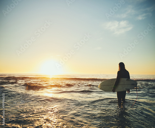 Photography Travel, surfer and man with surfboard in water for walking, adventure and tropical vacation