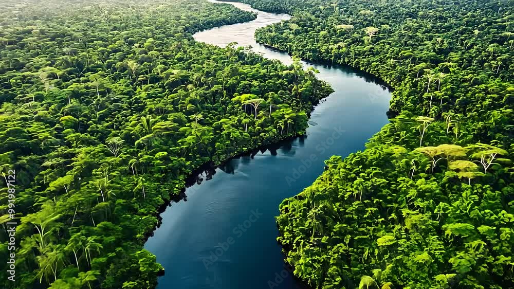 Aerial view of a winding river cutting through a dense, lush tropical rainforest, with vibrant greenery and pristine water.
Aerial view of a winding river cutting through a dense, lush tropical rainforest, with vibrant greenery and pristine water.