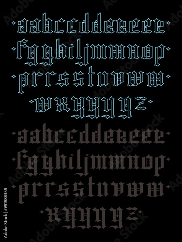 A collection of lowercase old english letters with custom graphic styles applied. This set has circle accents across the letter set. 