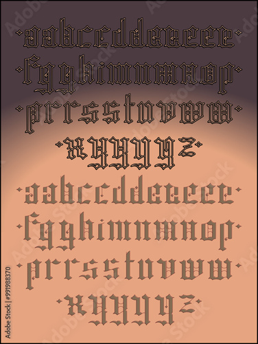 A collection of lowercase old english letters with custom graphic styles applied. This set has star accents across the letter set. 