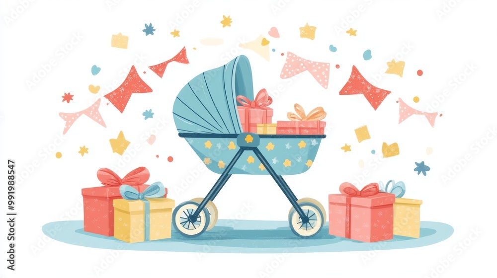 Fototapeta premium A cute cartoon illustration of a baby stroller decorated with gift boxes for a baby shower.