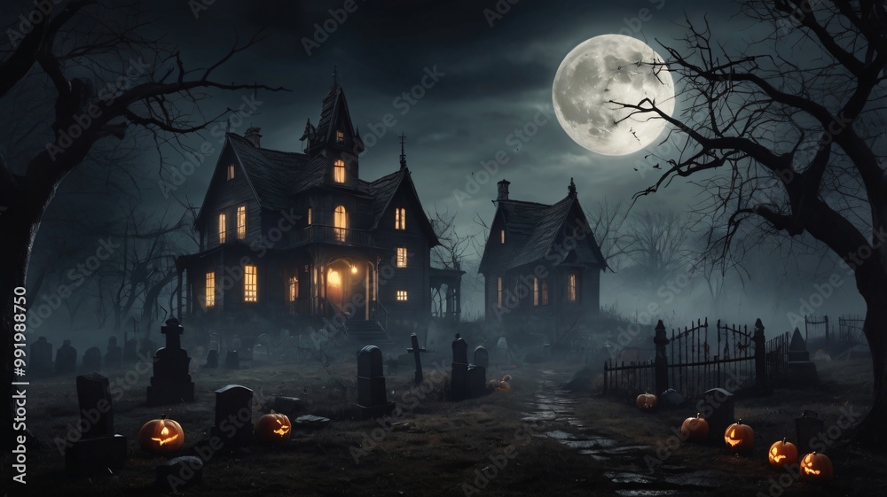 A dark, foggy Halloween background with a full moon, a haunted house, and a graveyard, perfect for Halloween background