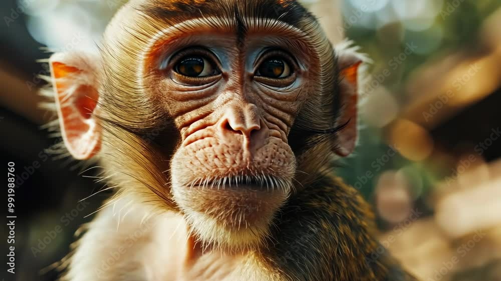 A young monkey stares intensely at the camera, its brown fur illuminated by the sun A young monkey stares intensely at the camera, its brown fur illuminated by the sun