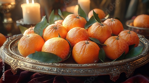 Tangerines arranged a baroque silver tray in a candlelit room with rich fabrics and velvet drapes adding to the sense of oldworld luxury Scientific name Citrus tangerina photo