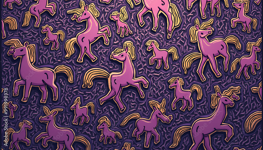 Colorful pattern of ponies in vibrant purple and gold on a soft black background with copy space Colorful pattern of ponies in vibrant purple and gold on a soft black background with copy space