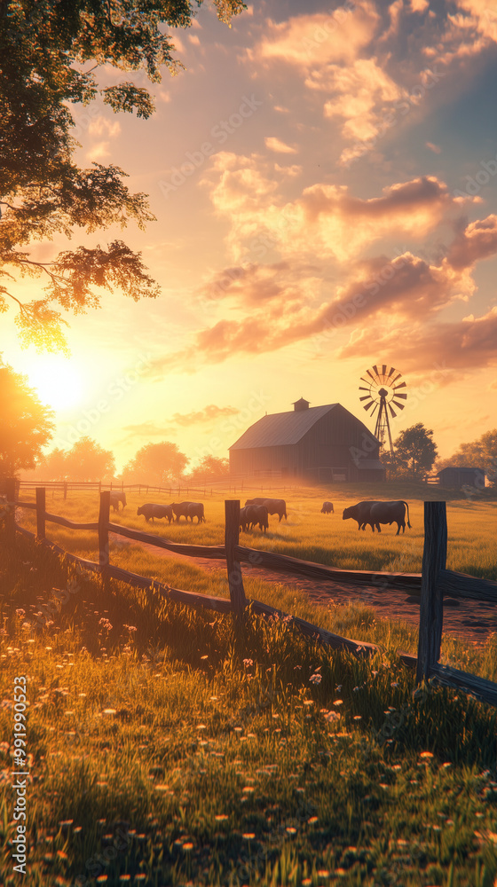 Obraz premium Low-Angle Tracking Shot of a Barn at Sunrise