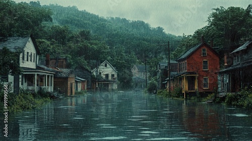 Flooded Street in a Small Town During a Rainstorm