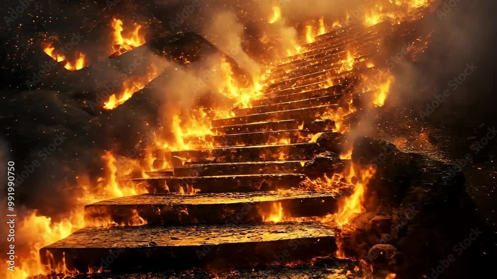 A set of stone stairs engulfed in flames, with smoke billowing around them, appear to lead up to an unknown destination