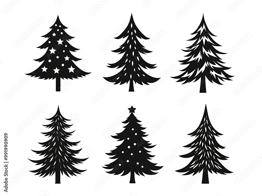 Silhouette set of Classic Christmas Trees.