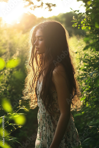 Woman in dress walking through forrest with Beautiful ights