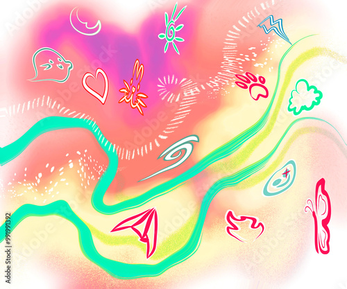 A fun and quirky distorted kawaii illustration bursting with vibrant colors and childlike charm. This playful artwork captures a dreamlike fantasy world, perfect for kid-friendly projects, whimsical 