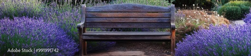 Cascading Lavender by a Weathered Garden Bench