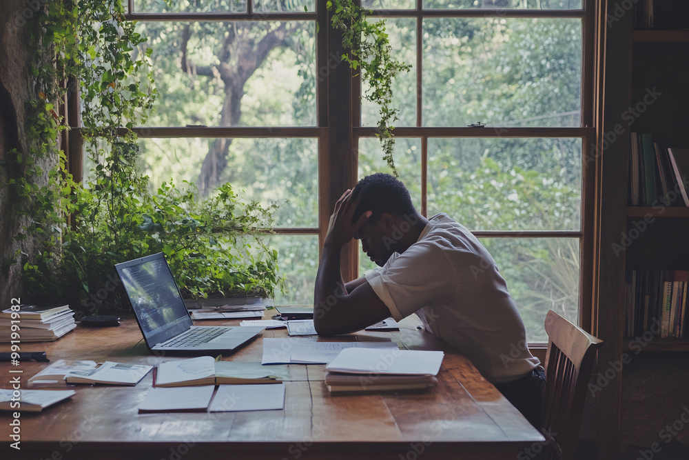 Stressed man struggling with work at a home office, surrounded by papers and a laptop, reflecting the challenges of remote work Stressed man struggling with work at a home office, surrounded by papers and a laptop, reflecting the challenges of remote work