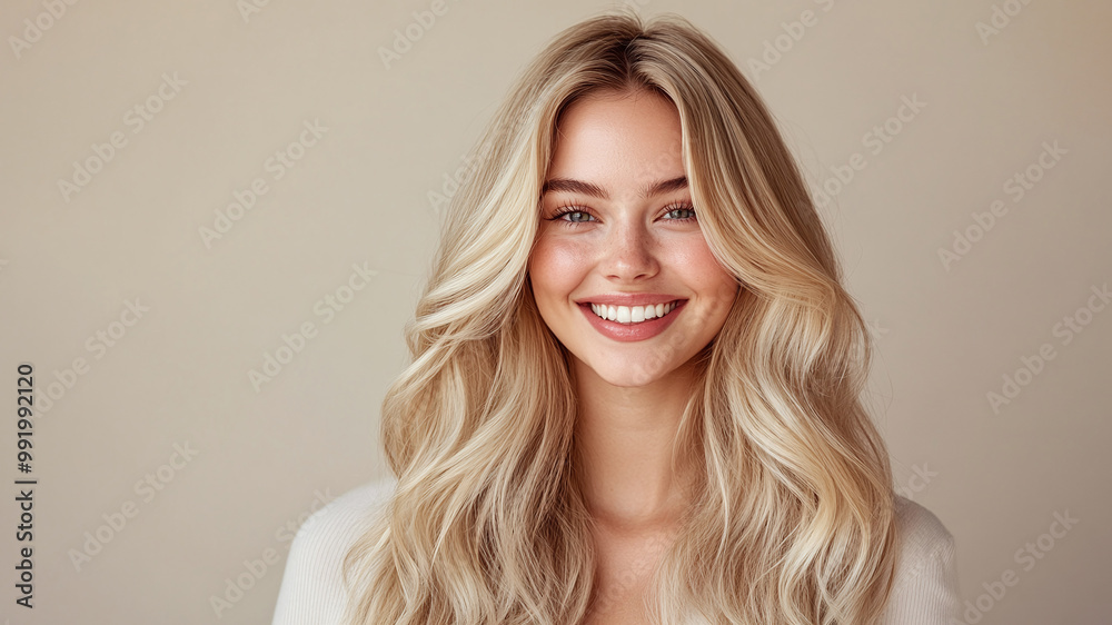 Blonde female hair model young smiling beautiful woman with long shiny hair on clean neutral background Blonde female hair model young smiling beautiful woman with long shiny hair on clean neutral background