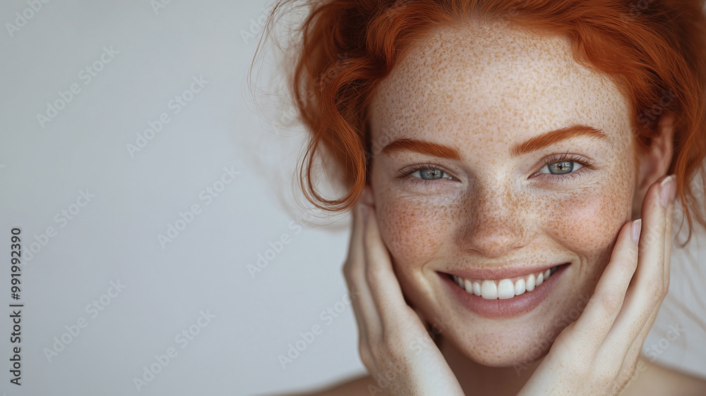 Beautiful Smiling Young Woman with Freckled Face and Red Ginger Hair, Freckles on Flawless Glowing Skin, Joyful Radiant Girl with Healthy Smooth Skin, Clean Background with Copy Space Beautiful Smiling Young Woman with Freckled Face and Red Ginger Hair, Freckles on Flawless Glowing Skin, Joyful Radiant Girl with Healthy Smooth Skin, Clean Background with Copy Space