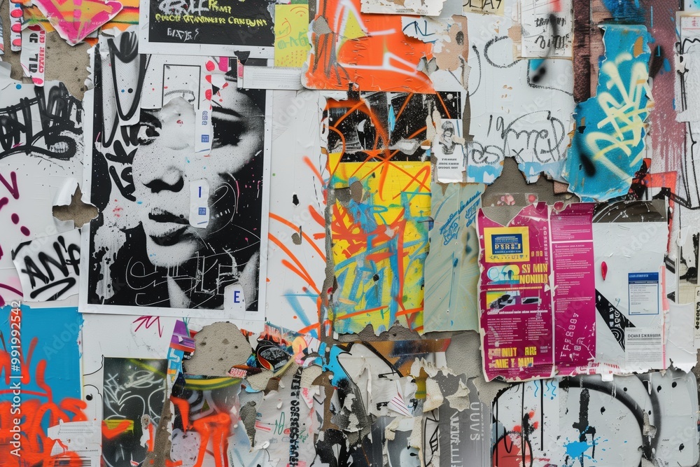 Fototapeta premium A vibrant urban wall covered in layers of graffiti and posters. The artwork features a striking black-and-white face amidst colorful splashes of paint and torn paper.