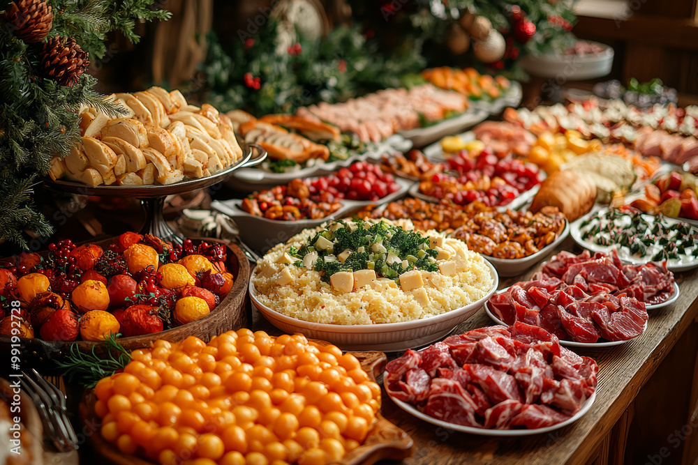 A holiday party where everyone brought the same dish to the potluck, causing a hilarious abundance of one food. Concept of holiday gathering mishaps. A holiday party where everyone brought the same dish to the potluck, causing a hilarious abundance of one food. Concept of holiday gathering mishaps.