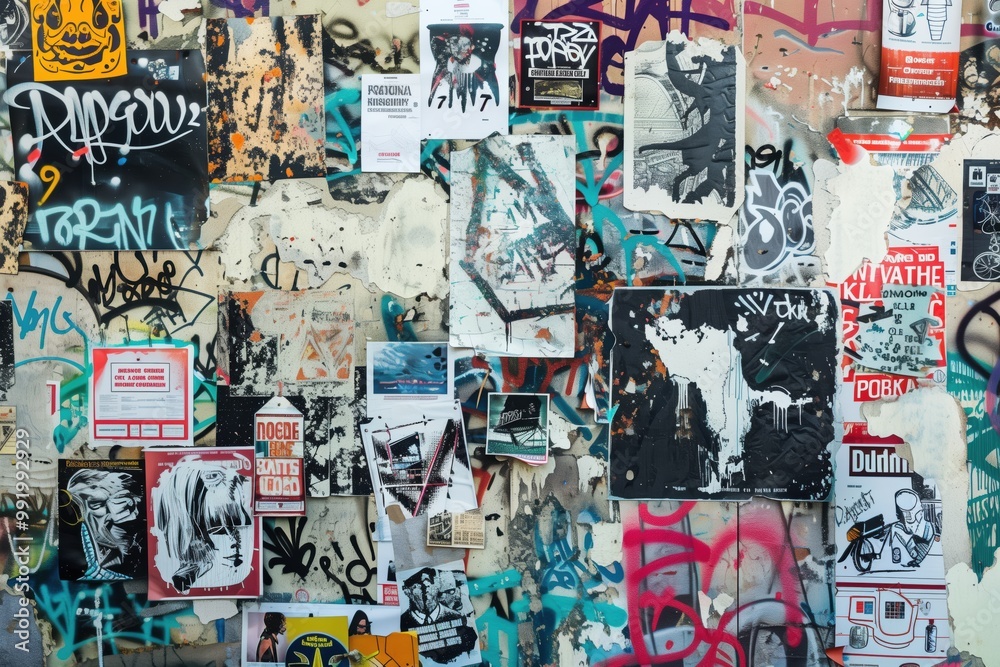 Fototapeta premium A vibrant urban wall covered with a collage of posters, stickers, and graffiti. The mix of colors and textures creates a chaotic yet artistic atmosphere, showcasing various styles.
