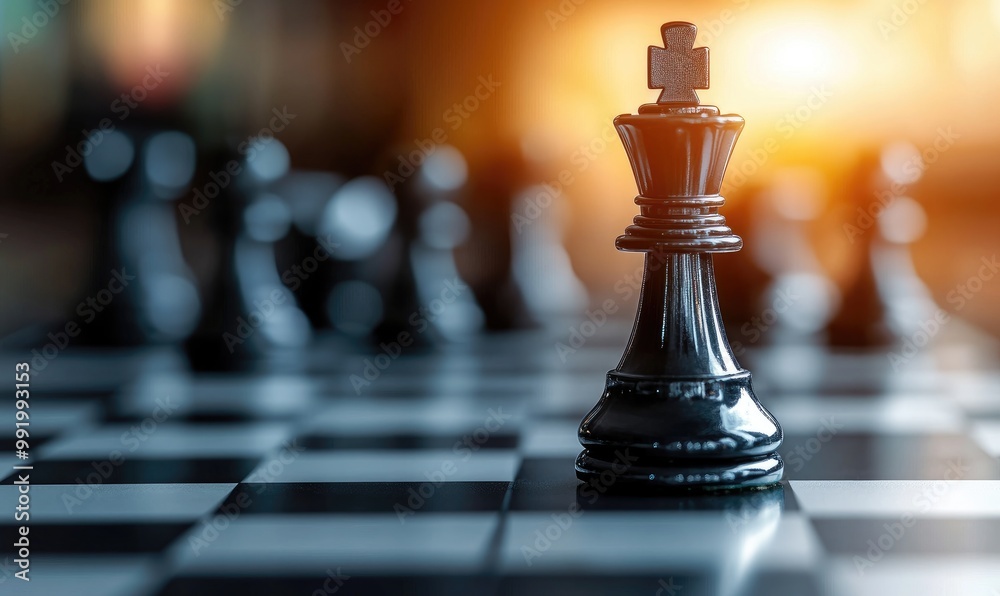 Dominant King Chess Piece Illuminated on Reflective Chessboard: A Dramatic Spotlight Scene Dominant King Chess Piece Illuminated on Reflective Chessboard: A Dramatic Spotlight Scene