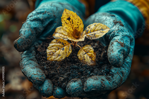 A gardener holding a wilted plant, disappointed by the failed attempt at gardening. Concept of horticultural failures and frustrations. photo