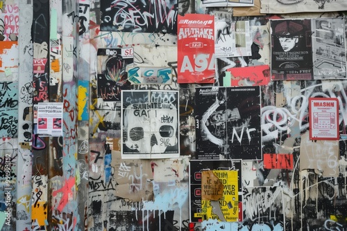 A vibrant urban wall covered with a collage of posters, graffiti, and street art. The mix of colors and textures creates a chaotic yet artistic atmosphere, showcasing various styles and messages.