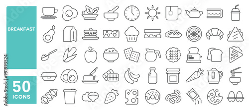 Set of 50 line icons related to breakfast, bread, coffee, tea, milk, cheese, jam, butter, egg, kettle, toaster, salad, sandwich, cereal, Editable stroke. Vector illustration