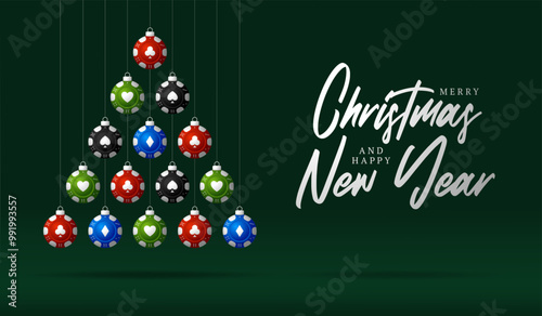 poker Christmas Greeting card. Merry Christmas and happy new year sport greeting card. Hang on a thread green and red xmas ball bauble
