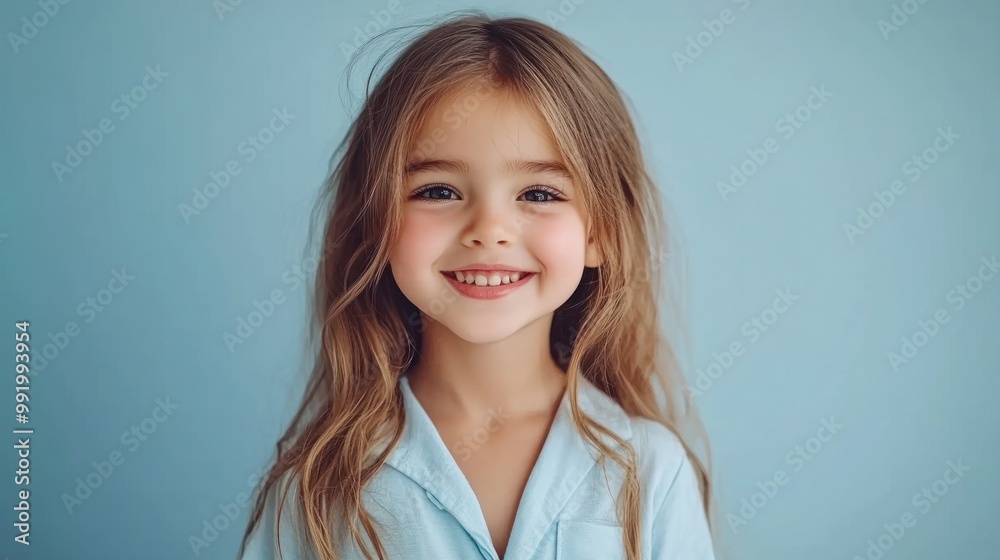 A cheerful girl shows her bright smile while wearing a light blue outfit against a soft blue backdrop A cheerful girl shows her bright smile while wearing a light blue outfit against a soft blue backdrop