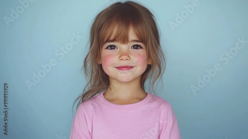 A young girl with soft features and bright eyes smiles sweetly in a pastel setting, embodying joy and youthfulness