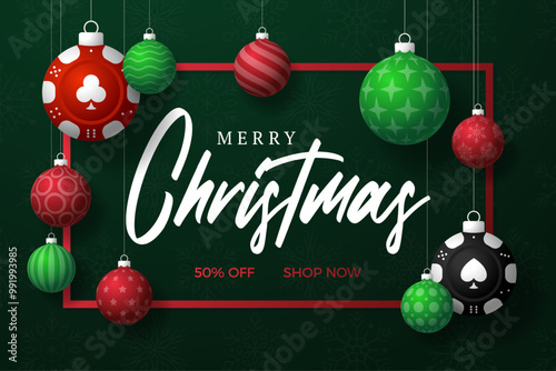 poker Christmas Greeting card. Merry Christmas and happy new year sport greeting card. Hang on a thread green and red xmas ball bauble