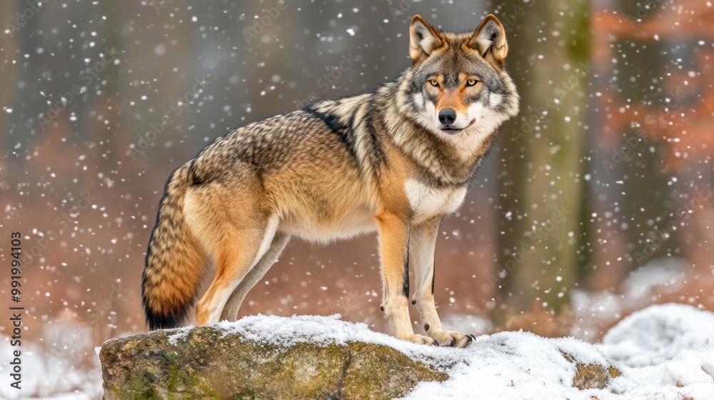 A wolf poses elegantly on a rock in a wintery landscape as soft snow falls around it A wolf poses elegantly on a rock in a wintery landscape as soft snow falls around it