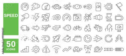 Set of 50 line icons related to speed, fast, move, turbo, express, velocity, run, gauge, movement, accelerate, flash, motion, rapid, express, Editable stroke. Vector illustration