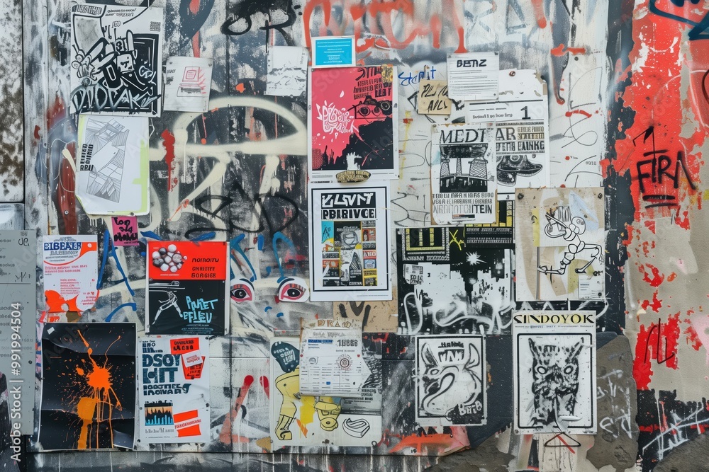 A vibrant urban wall covered with various posters, stickers, and graffiti art. The collage features a mix of black and white designs, colorful graphics, and expressive text. A vibrant urban wall covered with various posters, stickers, and graffiti art. The collage features a mix of black and white designs, colorful graphics, and expressive text.