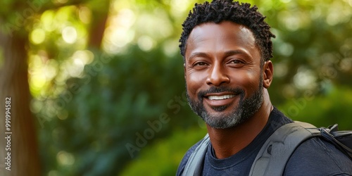 A cheerful man stands in a lush green setting, smiling under the warm afternoon sun with a relaxed demeanor