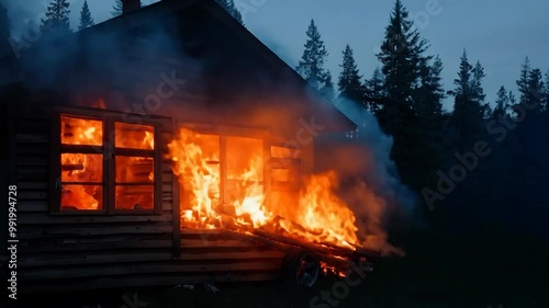 A wooden cabin is on fire, with bright flames consuming the exterior and smoke filling the air as darkness falls in a forest setting