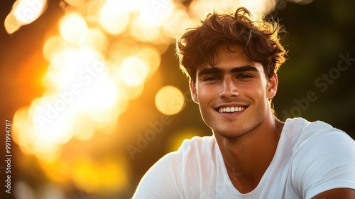 A young man beams with happiness, surrounded by warm, golden light as the sun sets in the background