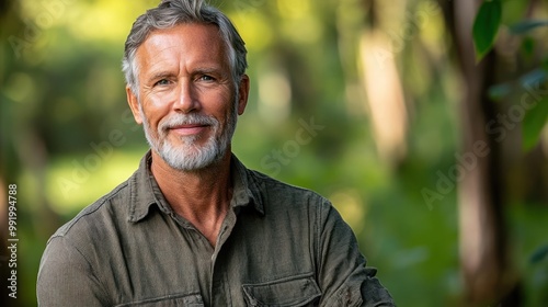 A cheerful man with a beard enjoys a moment in a vibrant forest filled with greenery on a sunny day