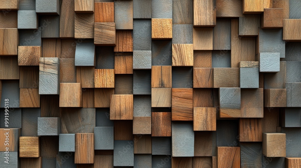 An artistic blend of wooden blocks and gray elements arranged in a modern wall design, highlighting texture and color An artistic blend of wooden blocks and gray elements arranged in a modern wall design, highlighting texture and color