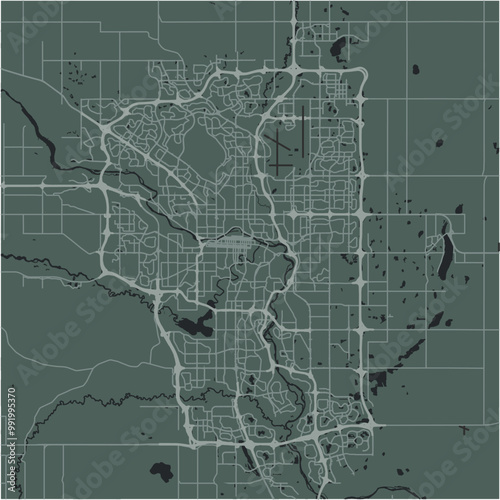 Map of Calgary in Canada in a smooth dark style. Contains layered vector with roads water, parks, etc.