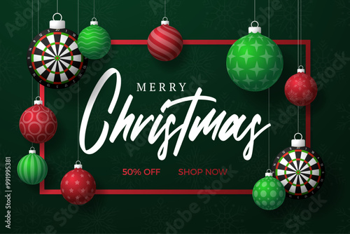 dart board Christmas Greeting card. Merry Christmas and happy new year sport greeting card. Hang on a thread green and red xmas ball bauble