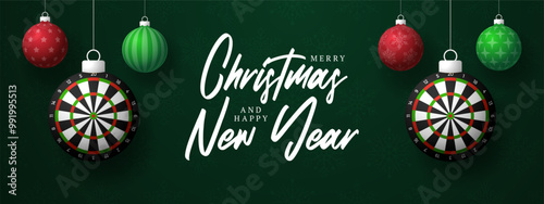 dart board Christmas Greeting card. Merry Christmas and happy new year sport greeting card. Hang on a thread green and red xmas ball bauble