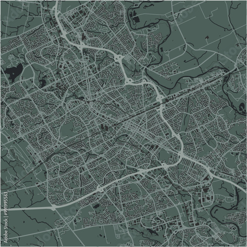 Map of Kitchener in Canada in a smooth dark style. Contains layered vector with roads water, parks, etc.